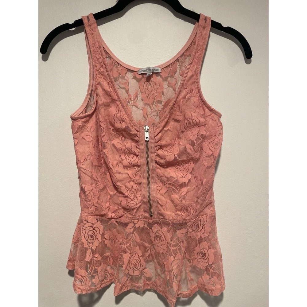 Charlotte Russe Tank Top M Pink Lace Floral Fairy Y2K Coquette Ballet Peplum